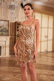 Fourreau spaghetti bretelles paillettes dorées robe des années 1920 avec pompon