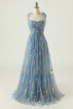 Robe de bal longue bleue grise avec broderie