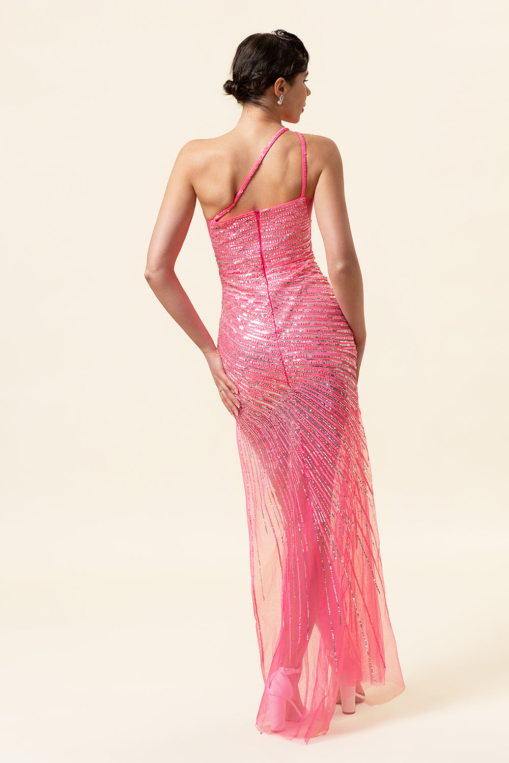 Robe de bal longue perlée rose scintillante avec fente