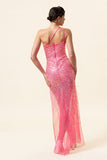 Robe de bal longue perlée rose scintillante avec fente