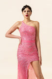 Robe de bal longue perlée rose scintillante avec fente