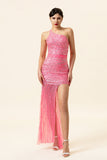 Robe de bal longue perlée rose scintillante avec fente