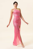 Robe de bal longue perlée rose scintillante avec fente