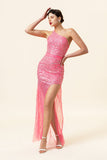 Robe de bal longue perlée rose scintillante avec fente