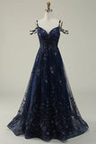 Navy A Line Cold Shoulder Long Robe de bal