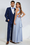 Peak Revers Un Bouton Bleu Foncé Jacquard Costumes De Fête De Mariage Pour Hommes