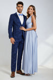 Peak Revers Un Bouton Bleu Foncé Jacquard Costumes De Fête De Mariage Pour Hommes