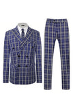 Bleu Royal à Carreaux à Revers En Pointe Double Boutonnage Costume 2 Pièces Pour Homme