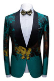 Vert Paon 2 Pièces Jacquard Châle Revers Costumes Homme