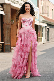 Floral Une ligne sans bretelles Corset Robe De Soirée Blush Tier avec Fente