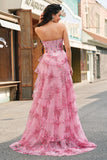 Floral Une ligne sans bretelles Corset Robe De Soirée Blush Tier avec Fente