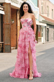Floral Une ligne sans bretelles Corset Robe De Soirée Blush Tier avec Fente
