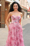 Floral Une ligne sans bretelles Corset Robe De Soirée Blush Tier avec Fente