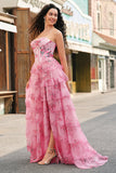 Floral Une ligne sans bretelles Corset Robe De Soirée Blush Tier avec Fente