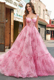 Fard à joues floral une ligne spaghetti bretelles plissé corset Robe De Soirée