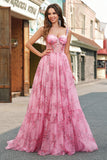 Fard à joues floral une ligne spaghetti bretelles plissé corset Robe De Soirée