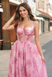 Fard à joues floral une ligne spaghetti bretelles plissé corset Robe De Soirée
