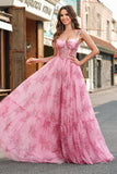 Fard à joues floral une ligne spaghetti bretelles plissé corset Robe De Soirée