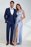 Peak Revers Un Bouton Bleu Foncé Jacquard Costumes De Fête De Mariage Pour Hommes