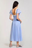 Robe Longue Bleu Clair Satin Trapèze Col Carré