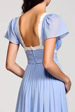 Robe Longue Bleu Clair Satin Trapèze Col Carré