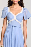 Robe Longue Bleu Clair Satin Trapèze Col Carré