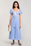 Robe Longue Bleu Clair Satin Trapèze Col Carré