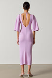 Robe Longue Violet Clair Satin Fourreau Col Rond