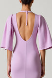 Robe Longue Violet Clair Satin Fourreau Col Rond