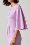 Robe Longue Violet Clair Satin Fourreau Col Rond