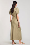 Robe Longue Olive Fourreau Satin Col Rond