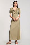 Robe Longue Olive Fourreau Satin Col Rond