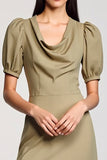 Robe Longue Olive Fourreau Satin Col Rond