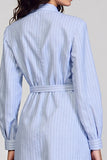 Robe Mini Chemise Bleue à Manches Longues