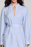 Robe Mini Chemise Bleue à Manches Longues