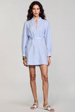 Robe Mini Chemise Bleue à Manches Longues