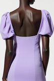 Robe Longue Violet Satin Trapèze Col Carré