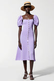 Robe Longue Violet Satin Trapèze Col Carré