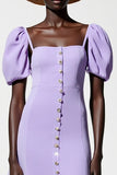 Robe Longue Violet Satin Trapèze Col Carré