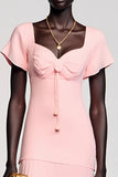 Robe Longue Rose Satin Fourreau Nœud Col Cœur