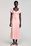 Robe Longue Rose Satin Fourreau Nœud Col Cœur