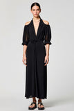 Robe Longue Noir Satin Trapèze Col V