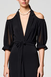 Robe Longue Noir Satin Trapèze Col V