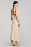 Robe Longue Apricot Satin Fourreau Fendue Capot