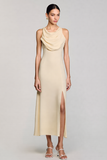 Robe Longue Apricot Satin Fourreau Fendue Capot