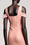 Robe Longue Rose Satin Fourreau Épaules Dénudées