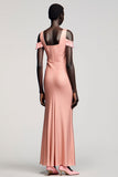 Robe Longue Rose Satin Fourreau Épaules Dénudées