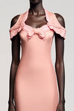 Robe Longue Rose Satin Fourreau Épaules Dénudées