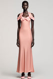 Robe Longue Rose Satin Fourreau Épaules Dénudées