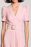 Robe Longue Rose Satin Trapèze Col V